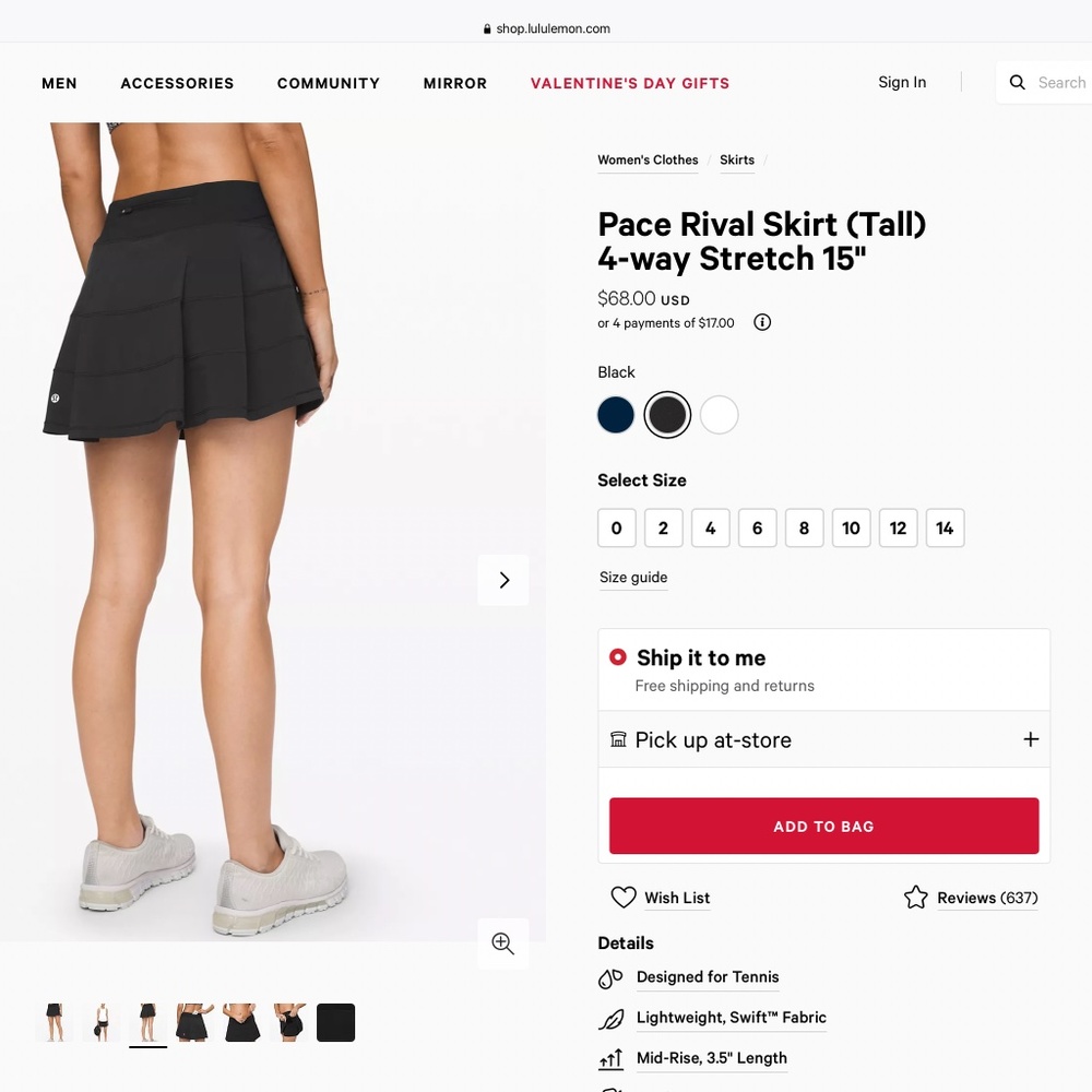 Lululemon Pace Rival skirt 12T black